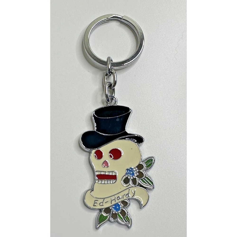 Y2K Ed Hardy Keychain Skull Top Hat Flowers Silver Tone Metal